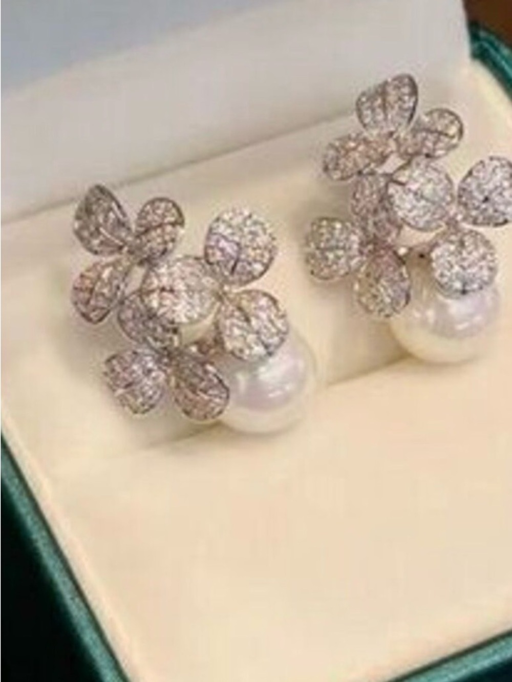 Pearl Drop Floral Crystal Stud Earrings - White